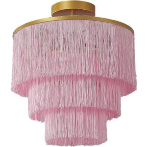 3-Tiered Pink Chandelier,3 Lights Boho Fringe Pendant Light Fixture,Tassle Chandelier for entryway,Dining Room,Baby Nursery,Gold and Pink