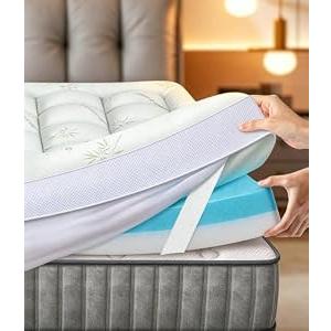 Fracho 4 Inch Queen Memory Foam Mattress Topper, Dual Layer Design with 2" Bamboo Rayon Pillow Top & 2" Cooling Gel Memory Foam, Green-Queen