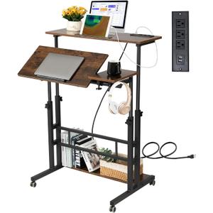 Hadulcet Mobile Standing Desk with Charging Station, Stand Up Laptop Desk Mobile Workstation for Home Office Classroom with Wheels, 31.49 x 23.6 in Rustic Brown