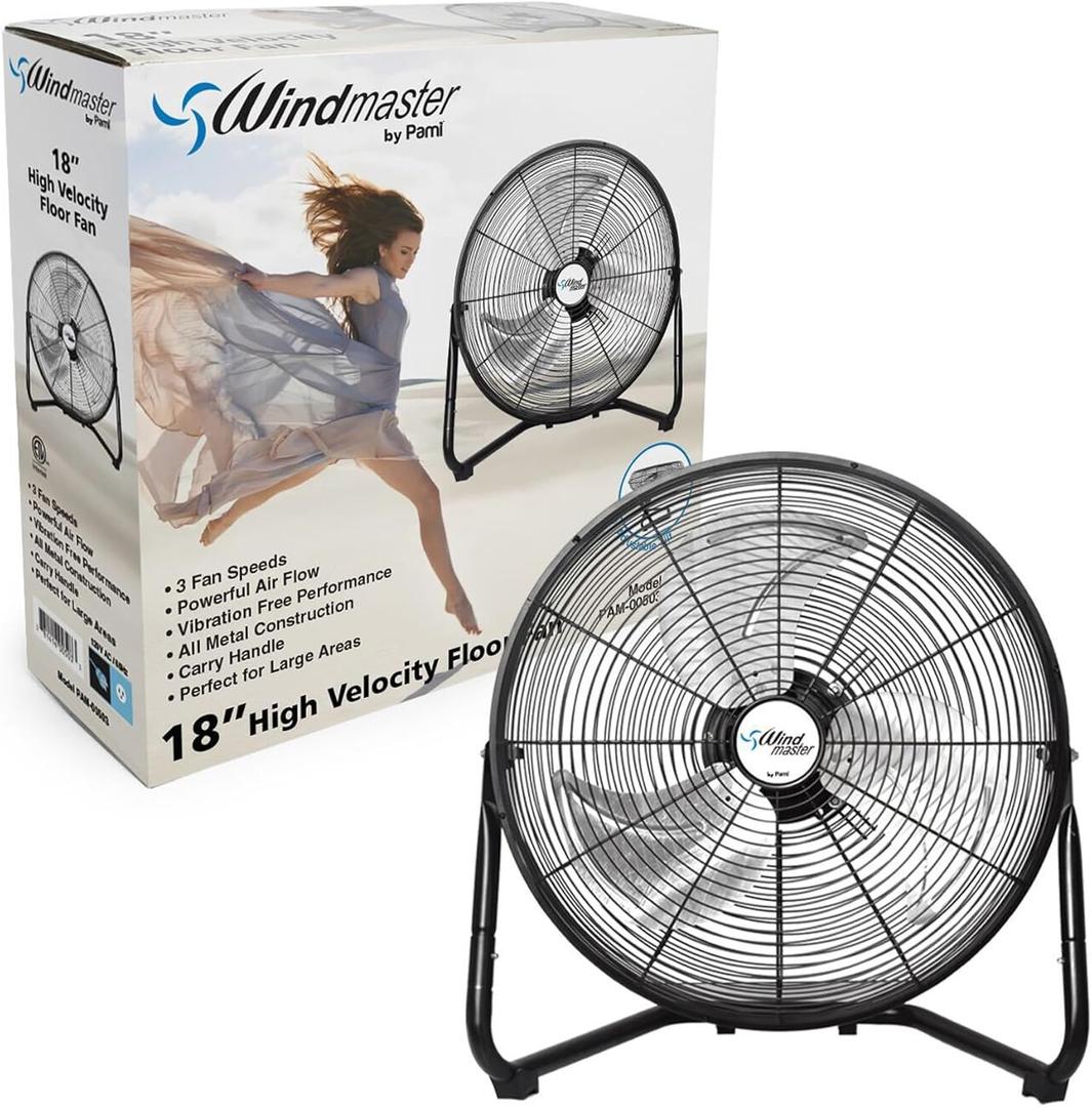 PAMI 18 Inch High-Velocity Floor Fan, With 3 Speed Levels & Carry Handle- Powerful Air Flow, Metal Industrial Fan With Adjustable Head- Heavy-Duty Electric Box Fan For Bedroom Home Office