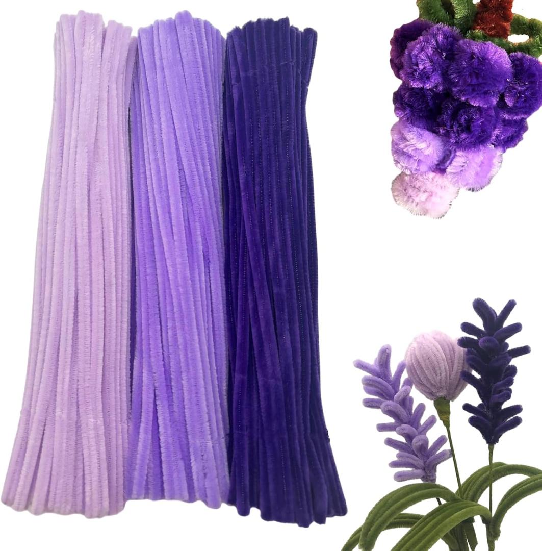 Swpohrat 300 Pieces Shades of Purple Pipe Cleaner Craft Set 3 Assorted Colors,Thick Fuzzy Chenille Stem Pipe Cleaners for DIY Craft Flower Projects Holiday Decorations