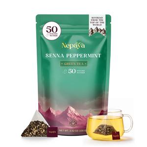 Nepaya Green Tea Bags, High Grown Pure Green Tea, 50 Biodegradable Pyramid Tea Bags, Blend of Senna Leaves-Peppermint, Ginger, Fennel & Cinnamon, Low Caffeine, Natural Green Tea Bags for Hot or Iced (BBD 11/30/25)