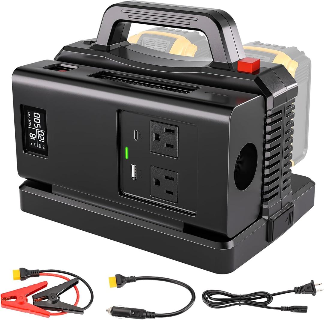 Adisipsoarin 500W Pure Sine Wave Power Inverter for DeWalt 20V Battery, 2-Ports DC 20V to AC(2 Outlets) 120V Car Charger Plug Inverter Adapter Converter for Camping, Travel, Emergencies(Tool Only)