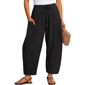 MEROKEETY Women's Linen Wide Leg Pants Summer 2026 Casual Loose Beach Vacation Baggy Palazzo Barrel Pant with Pockets, Large