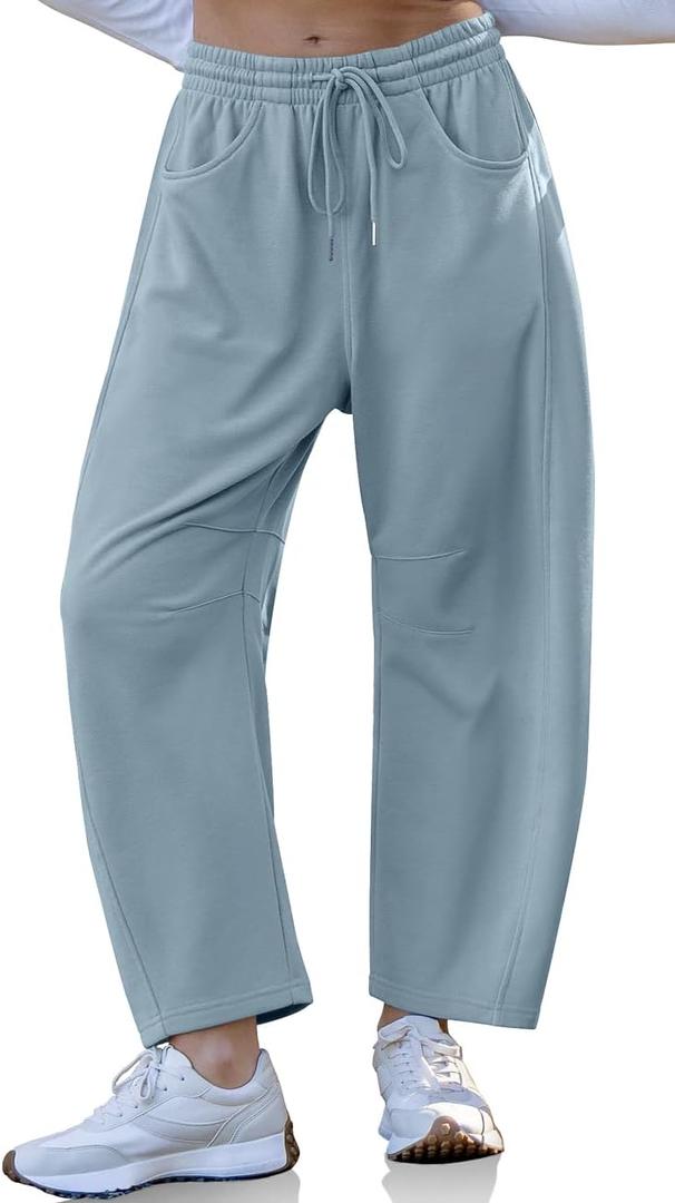 TARSE Womens Barrel Sweatpants Loose Fit Lounge Pants Casual Wide Leg Pants Cotton Comfy Elastic Waist Joggers with Pockets (Medium, Light Gray Blue)