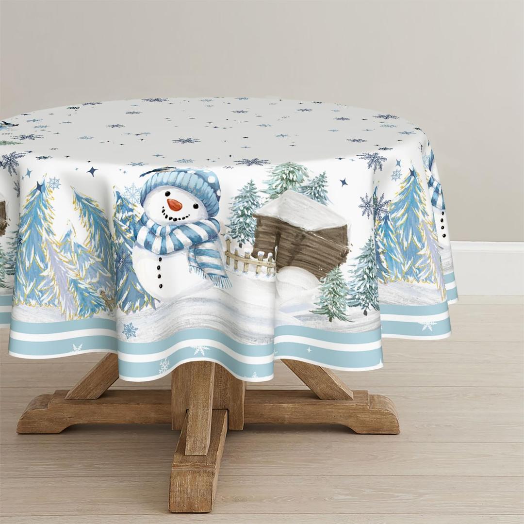 Horaldaily Christmas Tablecloth 7070 Inch Round, Blue Snowman Pine Snow Washable Table Cover for Party Picnic Dinner Decor