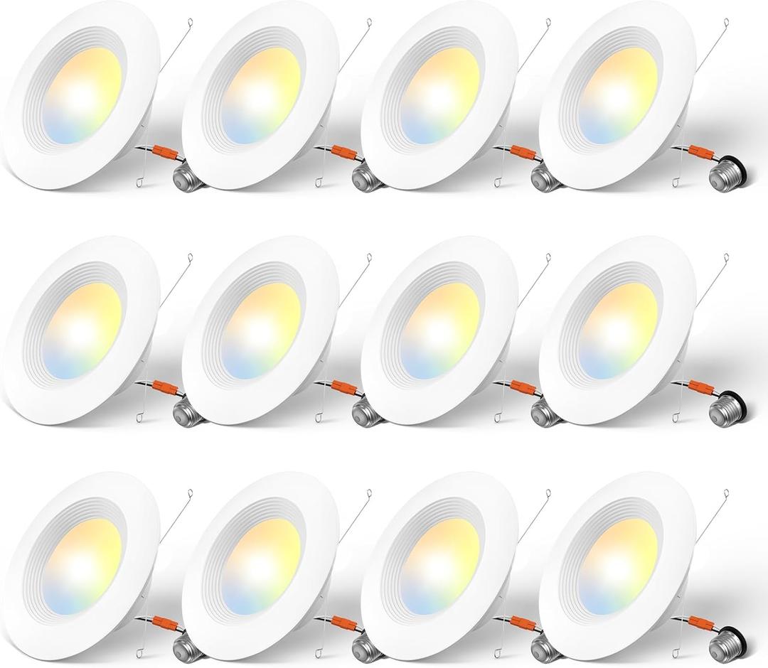 Amico 5/6 inch 5CCT LED Recessed Lighting 12 Pack, Dimmable, Damp Rated, 12.5W=100W, Can Lights with Baffle Trim, Retrofit Installation, ETL&FCC, White