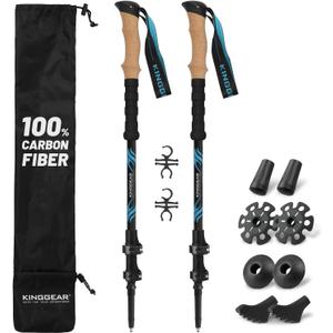 KINGGEAR TPC 100% Carbon Fiber Hiking Poles, Telescopic Retractable Nordic Trekking Poles, Ultra Lightweight Nordic Walking Stick, Metal Flip Locks, Cork and Extended EVA Handle