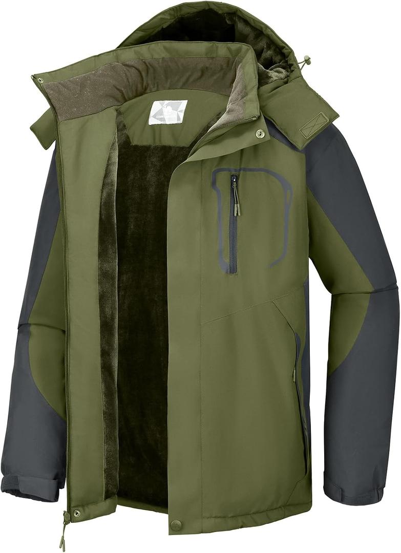 CAMEL CROWN Men's Ski Snow Jacket Waterproof Winter Snow Coat Windproof Warm Fleece Lining Hooded Parka Rain Jacket (3X-Large, Olive-green)