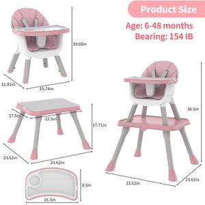 Gofirst 6 in 1 Baby High Chair,Convertible High Chairs for Babies and Toddlers/Booster Seat/Table and Chair Set,Baby Feeding Chair/5-Point Harness,4-Position Removable Tray&PU Cushion Baby Highchair (Pink)
