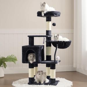 Heybly Cat Tree with Toy, Cat Tower Condo for Indoor Cats, Cat House with Padded Plush Perch, Cozy Hammock and Sisal Scratching Posts, Smoky Gray HCT004SG (43.3 inch)