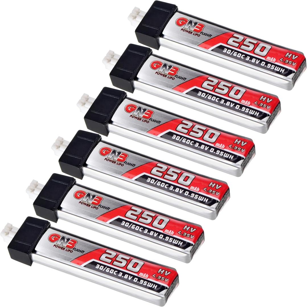 6pcs 250mAh 1S Battery 3.8V LiHV 30C/60C JST-PH2.0 Connector LiPo Battery for FPV Racing Drone