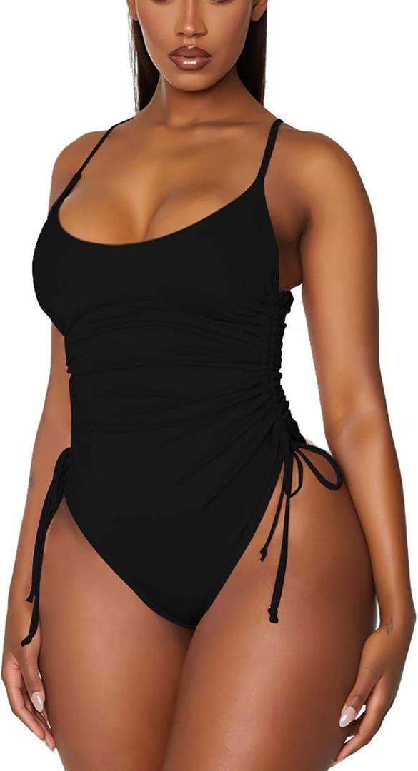 Viottiset Women's Ruched High Cut One Piece Swimsuit Tummy Control Bathing Suit Monokini (Large, Black)