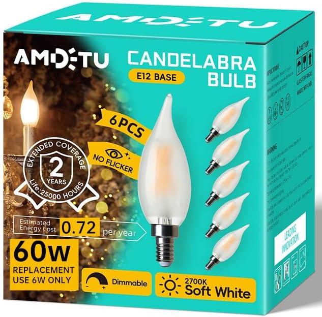 E12 60 Watt Equivalent Frosted LED Candelabra Bulb Candle CA10 Chandelier Light 2700K Soft White Dimmable E12 Base, Ideal for Dining Rooms, Living Rooms, Long-Lasting Light for Cozy Indoor Settings