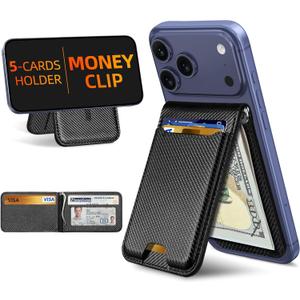 Magsafe Wallet with Money Clip, 5 Card Holder, Adjustable Stand | Strongest Magnetic Wallet for iPhone 17/16/15/14/13/12 Series, ID Window, Vegan Leather, Not for Mini, Black Carbon Fiber