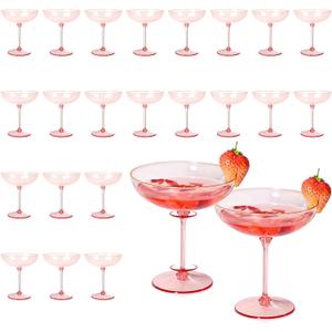 Detachable Martini Glasses 9oz Plastic Pink Champagne Coupe Glasses Gold Rim Hand Blown Vintage Cocktail Glassware Set Unique Martini Glass For Wine Wedding (24, Clear Pink)