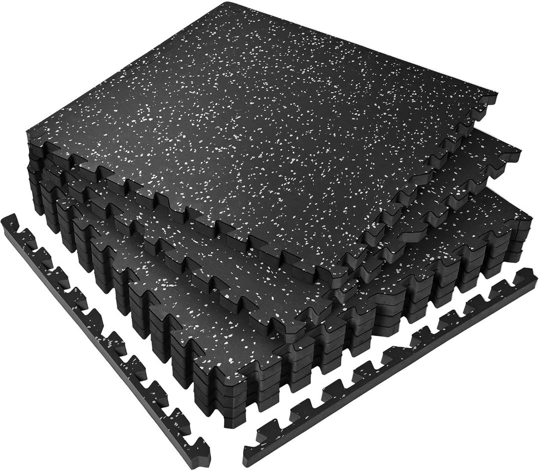 Superjare 0.56'' Thick 6 Pcs 24 Sq Ft Rubber Top Exercise Equipment Mats, High Density EVA Foam Mats with Rubber Top, Interlocking Gym Flooring for Home Gym, Protective Workout Mat, Black/Grey