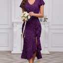 Women Sparkly Dresses Wedding Cocktail Party Ruffle Sleeves Ruched Wrap Sparkly Glitter Dress (Purple, M)
