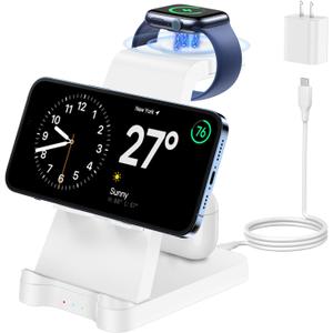 3 in 1 Charging Station for Apple Products - Wireless Charging Station for Multiple Devices, Phone and Watch Charger Dock with Stand for iPhone 14/13/12/11 Pro Max/XR/ 8 Plus and Airpods iWatch, White