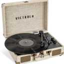 Victrola Journey+ Signature Turntable Record Player – 33-1/3, 45 & 78 RPM Suitcase Vinyl Record Player, Bluetooth Connectivity & Built-in Speakers, Stereo RCA Output, Linen Finish (Cream)