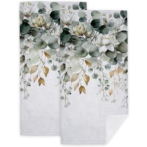 Green Eucalyptus Hand Towels for Kitchen Bathroom 2 Pack Green White Floral Leaves Bath Towels 14.4"x28.3" Soft Absorbent Kitchen Towel for Home Kitchen Bathroom Decor