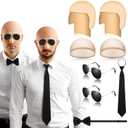 Mepase 8 Pcs Halloween Latex Bald Caps with Head Wig Caps Sunglasses Tie and Bow Tie for Adults Men Halloween Party Cosplay(Classic Style)