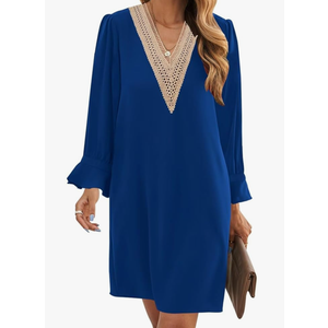 Wkior Long Sleeve Dress for Women V Neck Casual Cute Loose Flowy Swing Shift Dresses Size M