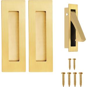 Pocket Door Handles and Edge Pull Brushed Brass, 6Inch Handles Hardware Latch,Recessed Finger Flush Pulls,for Closet,Sliding,Barn Door