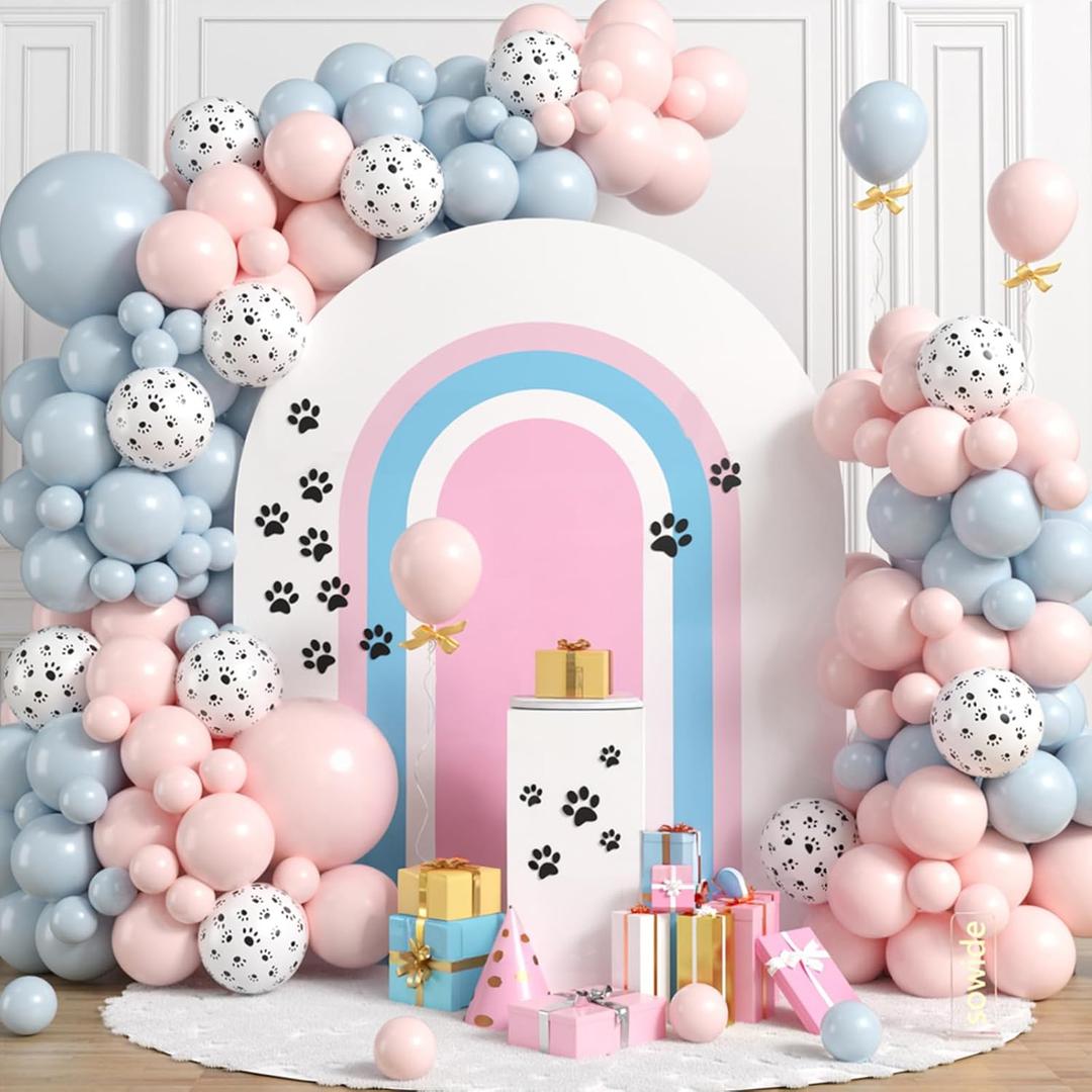 Pink Blue Brithday Balloon Arch Kit, Baby Pink Dusty Blue Cute Birthday Balloons with Print Balloons for Girl Birthday Party Decorations Baby Shower Pet Party Supplies