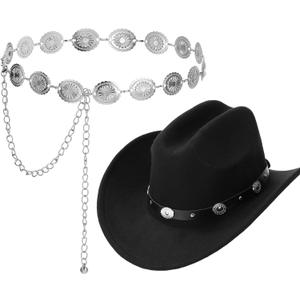 Geyoga 2 Pcs Western Cowboy Outfit Include Cowboy Hat Belt Boho Western Metal Chain Belt Matching Couples for Dresses Party (Black)