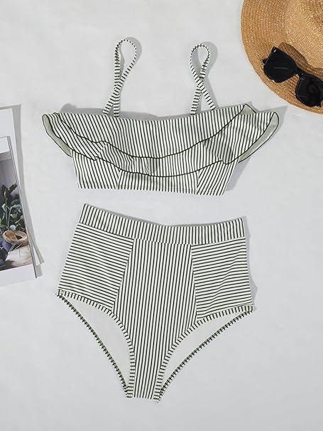 Saodimallsu Bikini Sets for Women High Waisted Bandeau Ruffle Swimsuit Top Two Piece Striped Bathing Swimming Costume,  S