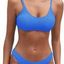 Fanuerg Women's Ribbed Bikini Sets Scoop Neck Cheeky Swimsuit Textured Two Piece Bathing Suit L Blue