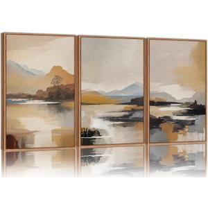 Tinonedraw Beige Mountain Landscape Framed Canvas Wall Art, Abstract Mid Century Modern Wall Decor, Golden Hour Lake Artwork, Neutral Nature Scenery Art Printing for Living Room Bedroom Office 16"x24"x3