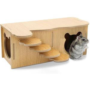Wooden Hamster Hideout, Luxury Small Animal Hamster House with 2 Rooms and Funny Climbing Ladder Hamster Exercise Toys for Dwarf Hamster, Rat, Gerbil, Mouse (Yellow, Bear)