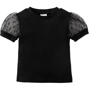 OPAWO Toddler Girl Shirts, Puff Dot Sleeve Baby Tee Shirt, Ribbed Short Sleeve T-Shirt, Solid Color Girls Tshirt Tops, 2T(Black,2-3Years)