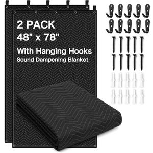 2-Pack Sound Dampening Moving Blankets, 48 x 78 in, 5 Hooks Included | Sound Absorption,Easy Installation,Durable Design,Large Coverage,Multi-Purpose Use