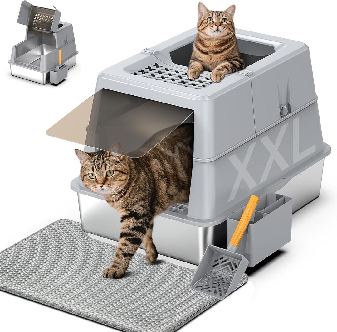 XXL Stainless Steel Litter Box with Lid, 27.5''x19.7''x19.3'', Modular Design & Flip Lid of Closed Metal Litter Box Fit All Cats, Covered High Sided Cat Box, Non-Sticky, Easy to Clean, Grey