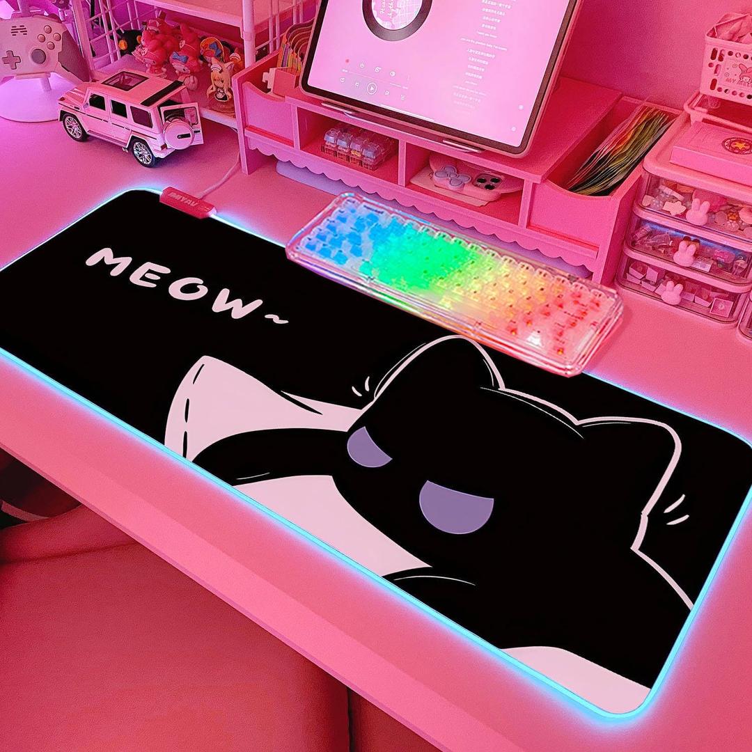 JMIYAV Pink RGB Gaming Mouse Pad 31.5x12 Inch PC XL Large Extended Glowing Led Light Up Desk Pad Non-Slip Rubber Base Computer Cute Mousepad Mat Desk Accessories Gaming Setup 352 (Shadow Meow)