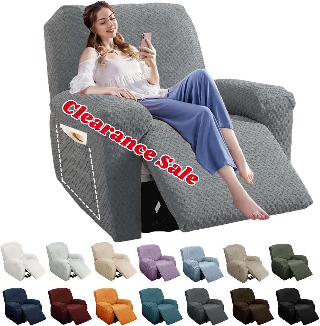 YEMYHOM 4 Pieces Stretch Recliner Slipcover Latest Jacquard Recliner Chair Cover with Side Pocket Anti-Slip Fitted Recliner Cover Couch Furniture Protector with Elastic Bottom (Recliner, Light Gray) (1 Seater)