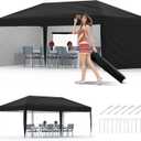 GarveeLife 10x20 Pop Up Canopy with 4 Sidewalls, Beach Ten with One Push Setup, Heavy Duty Outdoor Instant Canopy Tent with Portable Roller Bag, Silver Coated Top, 3 Adjustable Height, Sandbags,Black