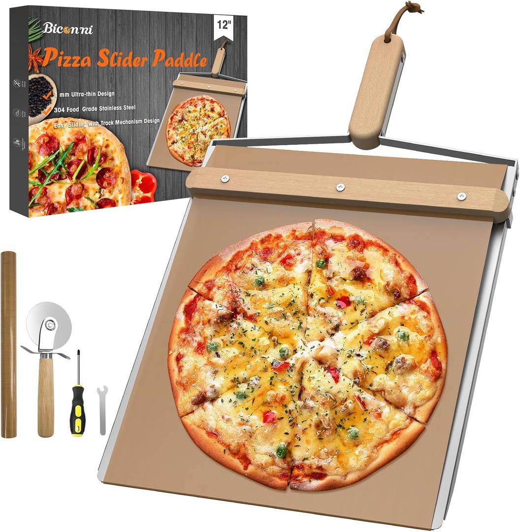 Sliding Pizza Peel, large Pizza Peel Metal Sliding Tray 16" X 13" Making 12 Inch, 304 Stainless Steel Metal Premium Pizza Board with Solid Wood Handle, and Pizza Cutter Wheel
