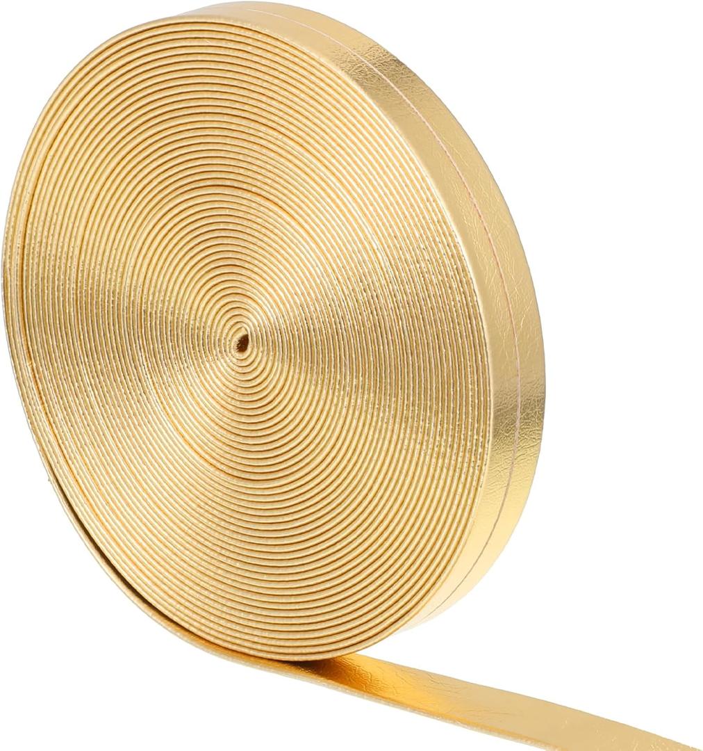 Gold Trim Fabric Strip Metallic Faux Leather Trims for Sewing 5.5Yds X 0.4" Thin Flat Gold Fabrics Strip Ribbon for Crafts Glossy PU Leather Straps for Belting DIY Sewing