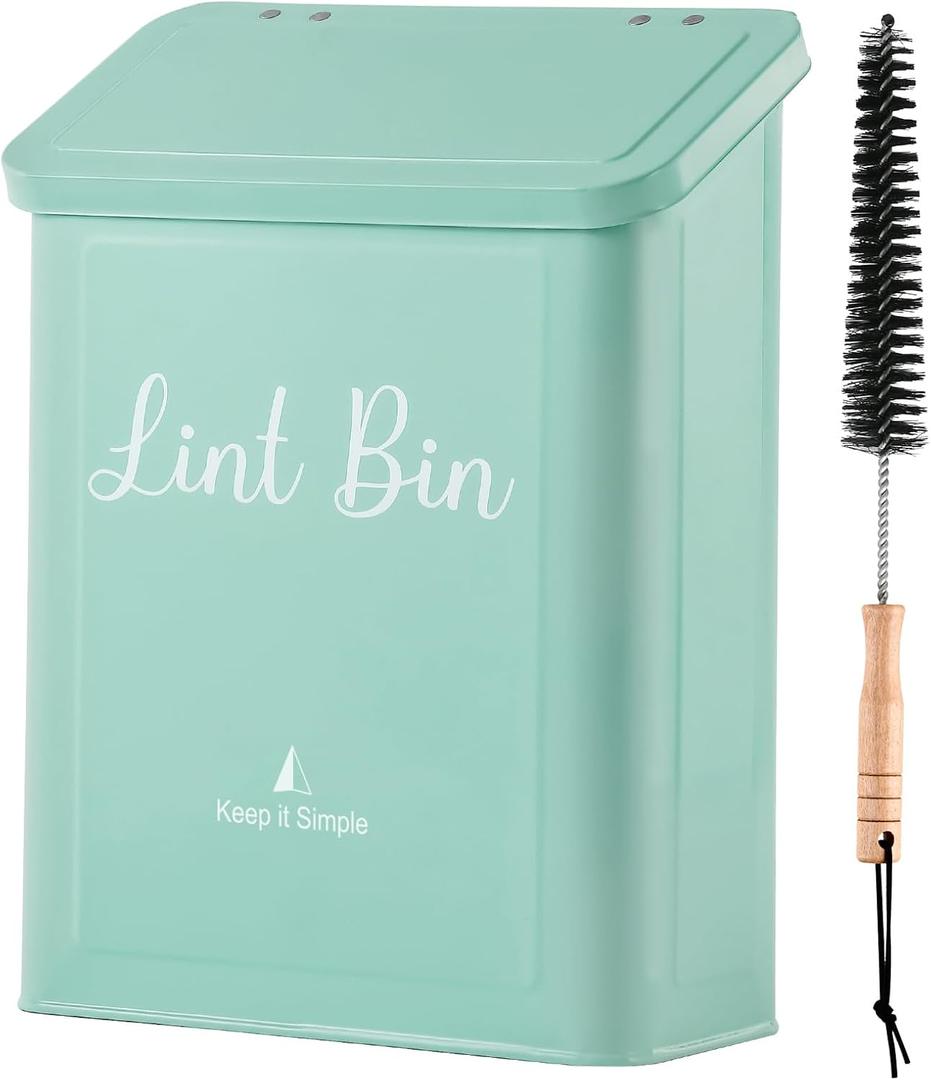 SUBEKYU Metal Magnetic Lint Bin for Laundry Room, Wall Mounted Lint Box Holder with Lid for Dryer, Light Green (TiffanyBlue)