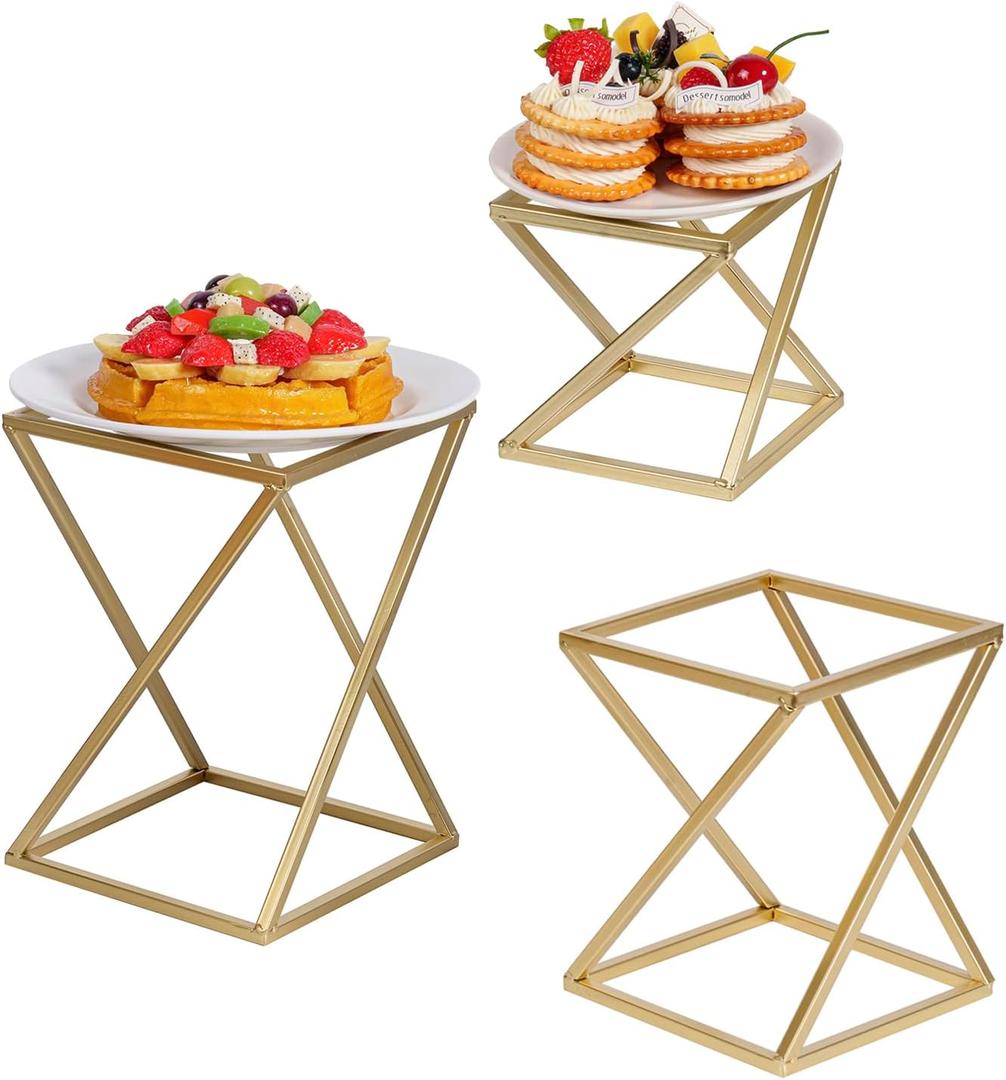 MyGift Modern Pizza Pedestal Stand, Twisting Geometric Brass Tone Metal Racks, Tiered Abstract Food Display Stands, Dessert Serving Risers for Cupcakes, 3-Piece Set