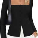 ZESICA Women's Spring Square Neck Blazers 2026 Casual Long Sleeve Button Up Work Business Fitted Blazer Jackets (Black, M)