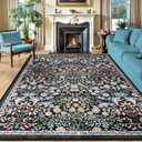 Area Rugs 9x12 Living Room: Floral Washable Rug Vintage Large Soft Boho Non-Slip Carpet Indoor Stain Resistant Low Pile Carpets for Bedroom Dining Room Farmhouse Nursery Hallway Home Office Dark Black