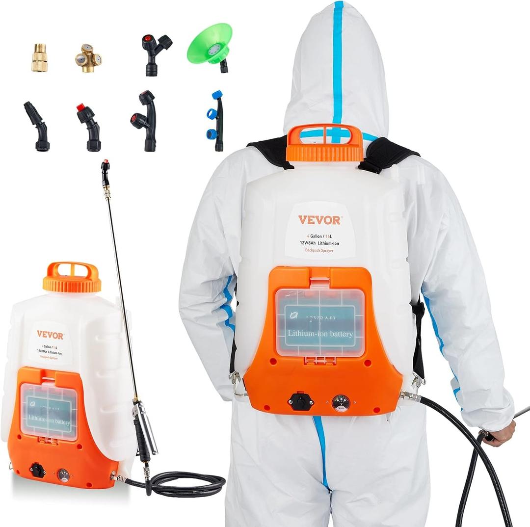 VEVOR Battery Powered Backpack Sprayer, 0-90 PSI Adjustable Pressure, 4 Gallon Tank, Back Pack Sprayer with 8 Nozzles and 2 Wands, 12V 8Ah Battery, Wide Mouth Lid for Weeding, Spraying, Cleaning