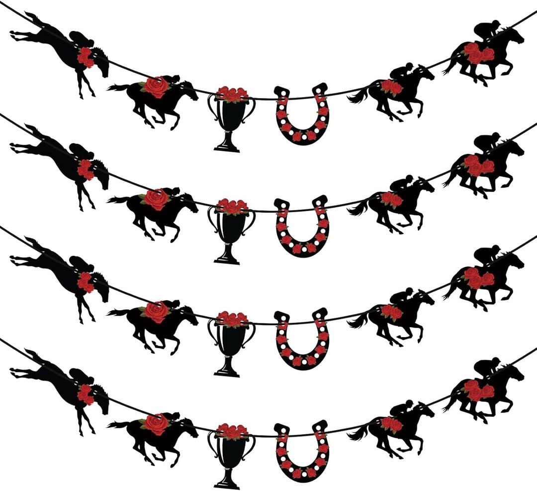 Marsui 4 Pcs Derby Decorations Horse Racing Hanging Banners No DIY Black Horse Red Rose Horseshoe Cardstock Garland Streamers Decorations for Horsing Racing Equestrian Birthday Party Supplies