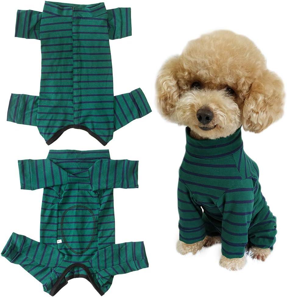 Dogs Recovery Suit Post Surgery Shirt for Puppy, Full Coverage Dog's Bodysuit Wound Protective Surgical Clothes for Small and Medium Pets (Green Black Stripe-XXS)