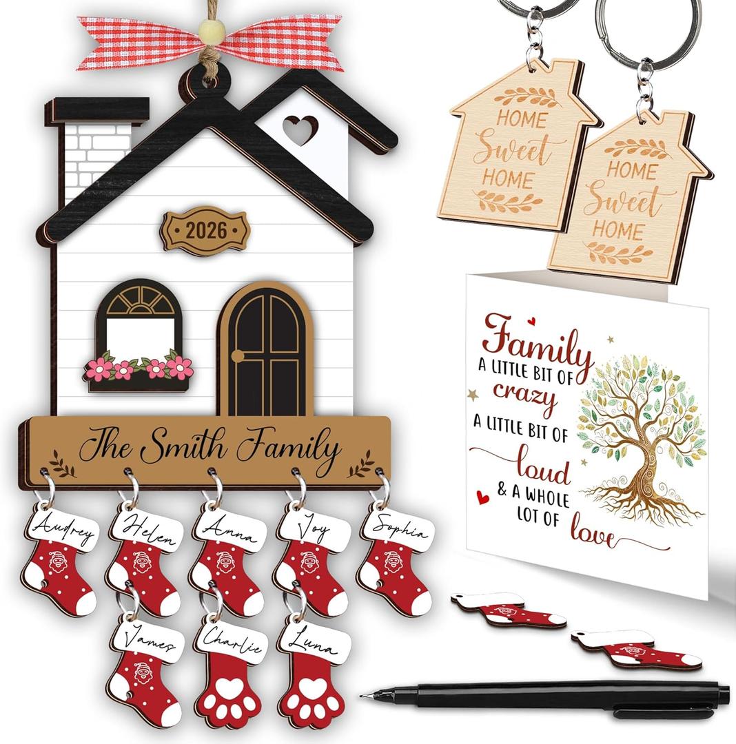 DIY New Home Ornaments 2026, Family Ornament 2026, Family of 3, 4, 5, 6, 7, 8 Ornament with Dog, Cat, Customized Ornaments for Tree, Home Sweet Home Keychain, House Decoration HH624